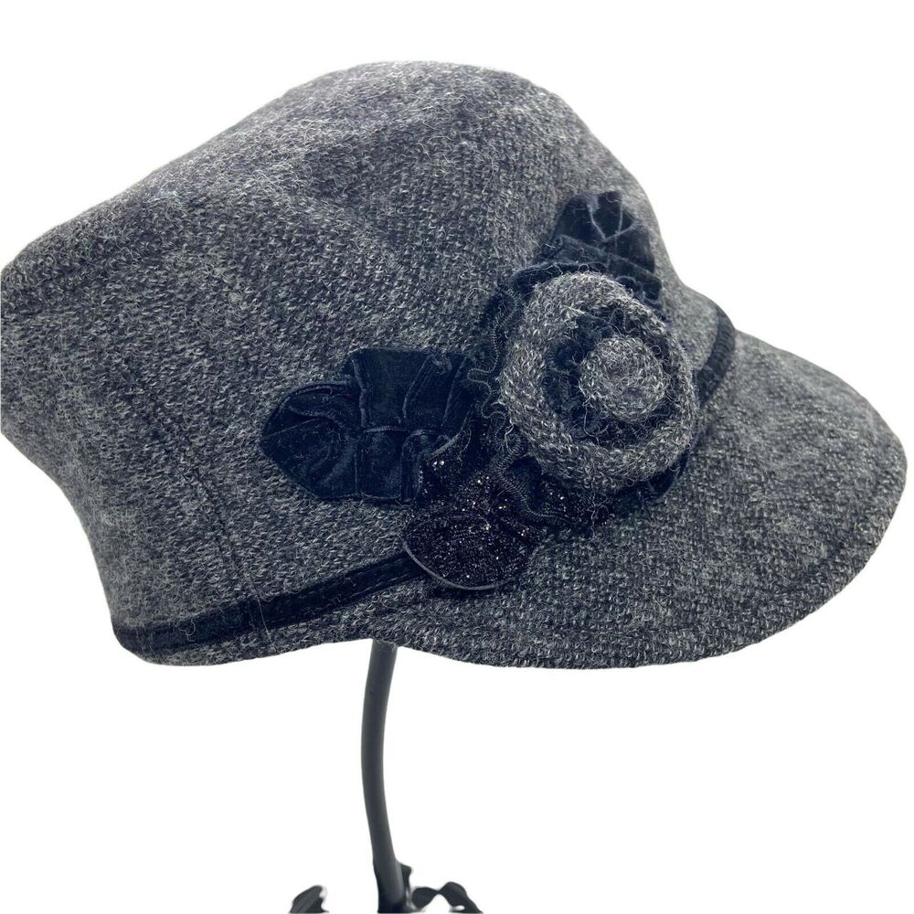 Floral Cadet Military Hat Betmar Women's Black Gray Velvet Trim Vintage Retro